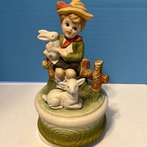 Music box, vintage porcelain, unk lullaby , boy with bunny
